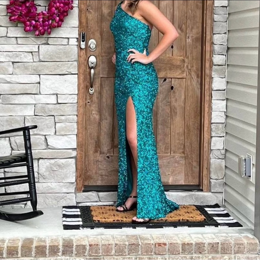 Sherri Hill Jade Sequin One-Shoulder Gown